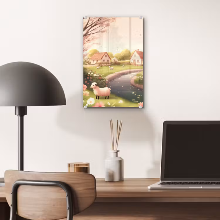 Glas schilderij - Schapen - Huisje - Platteland — 7