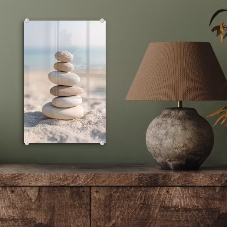 Glas schilderij - Stenen - Stapel - Zand - Zee — 4