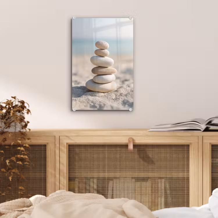 Glas schilderij - Stenen - Stapel - Zand - Zee — 5