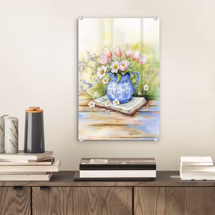 Glas schilderij - Vaas - Delftsblauw - Madeliefjes — 2