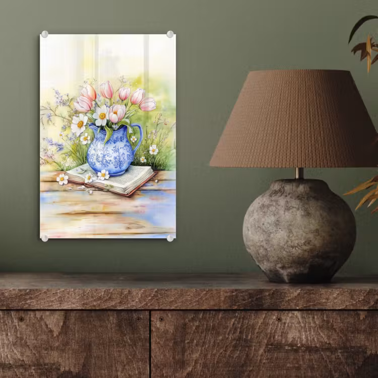 Glas schilderij - Vaas - Delftsblauw - Madeliefjes — 4