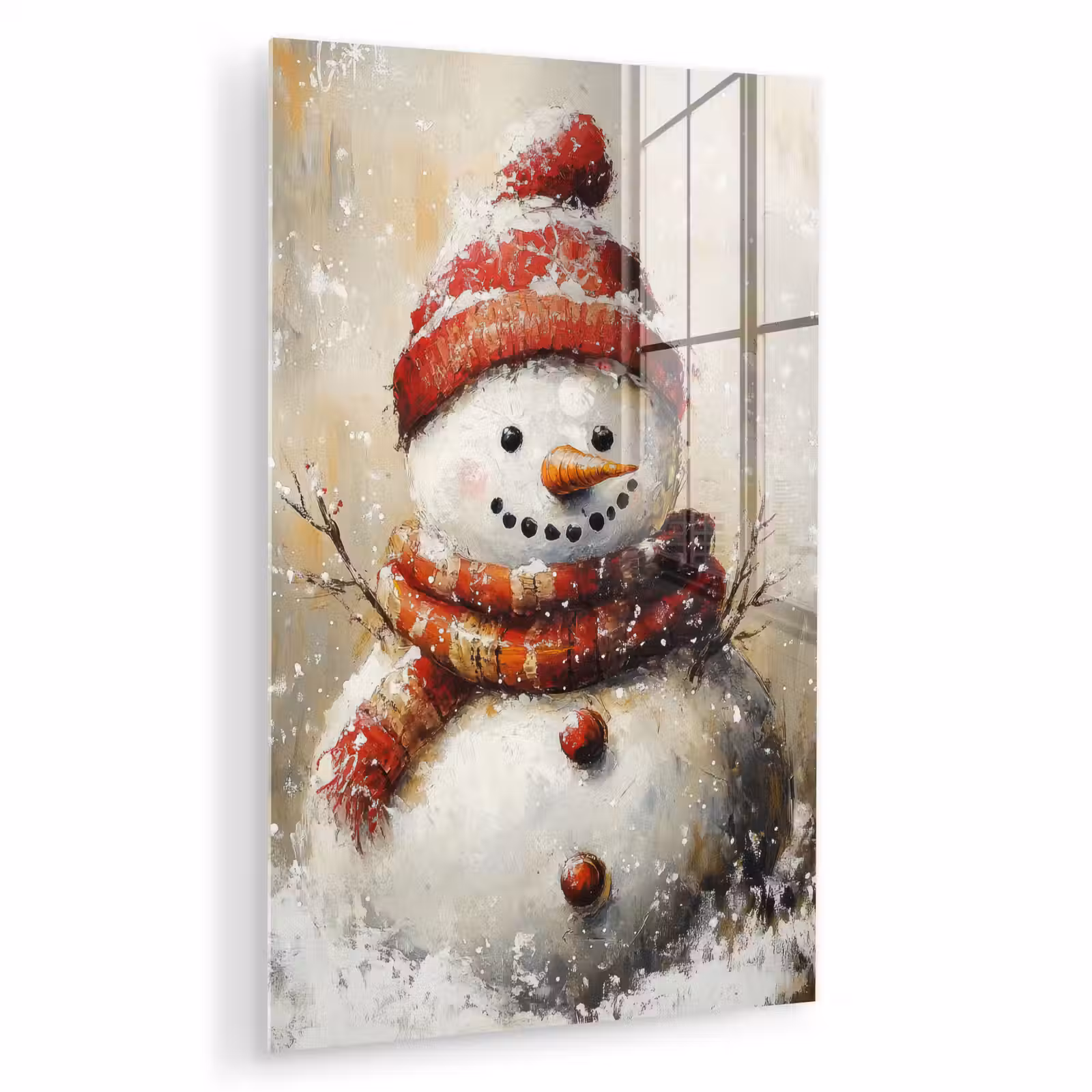 Glas schilderij - Sneeuwpop - Winter - Sneeuw - Beige — 1