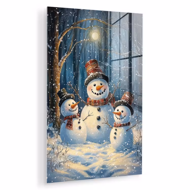 Glas schilderij - Sneeuwpop - Sneeuw - Winter - Bos — 1