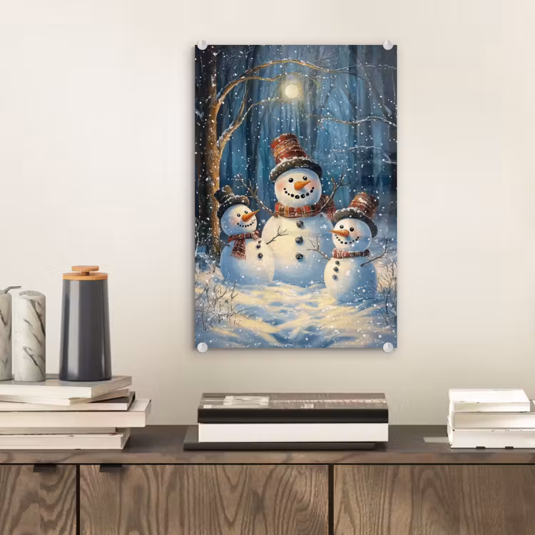 Glas schilderij - Sneeuwpop - Sneeuw - Winter - Bos — 2