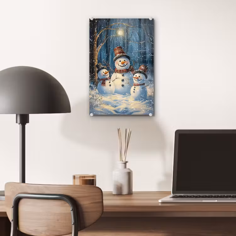 Glas schilderij - Sneeuwpop - Sneeuw - Winter - Bos — 7