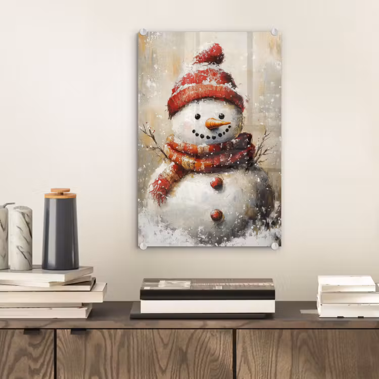 Glas schilderij - Sneeuwpop - Winter - Sneeuw - Beige — 2