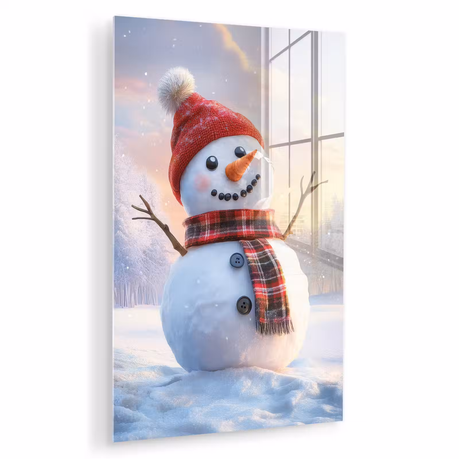 Glas schilderij - Sneeuwpop - Zonsondergang - Wit — 1