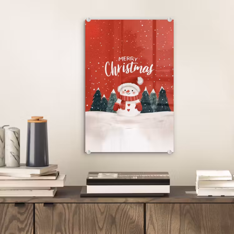 Glas schilderij - Kerstgroet - Sneeuw - Rood — 2