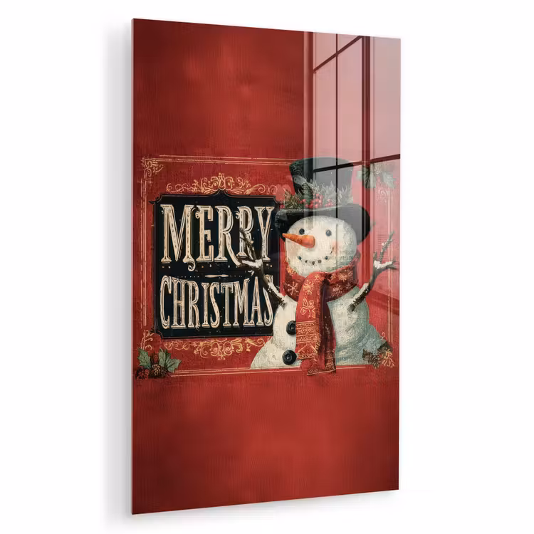 Glas schilderij - Klassiek - Kerstgroet - Sneeuwpop - Rood — 1