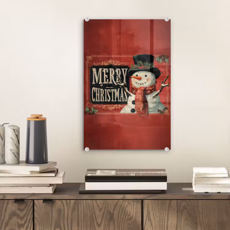 Glas schilderij - Klassiek - Kerstgroet - Sneeuwpop - Rood — 2