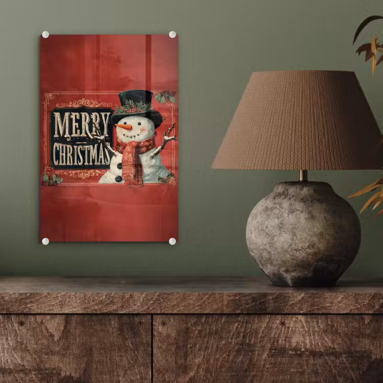 Glas schilderij - Klassiek - Kerstgroet - Sneeuwpop - Rood — 4