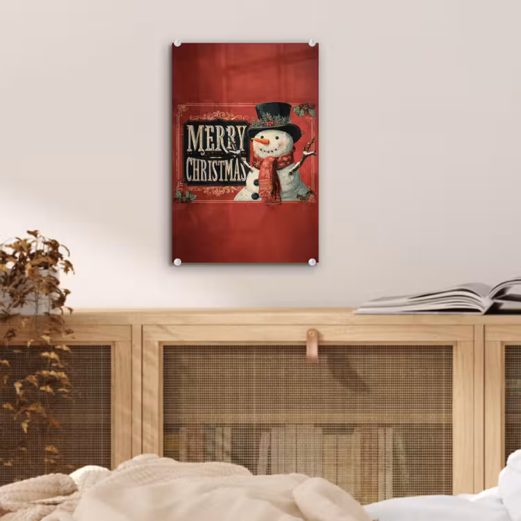 Glas schilderij - Klassiek - Kerstgroet - Sneeuwpop - Rood — 5