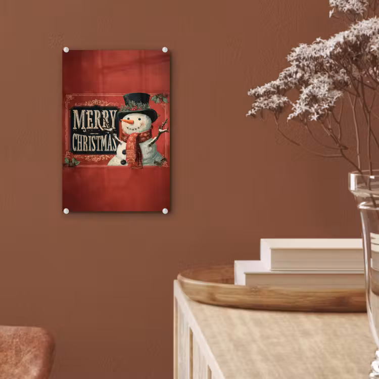 Glas schilderij - Klassiek - Kerstgroet - Sneeuwpop - Rood — 6