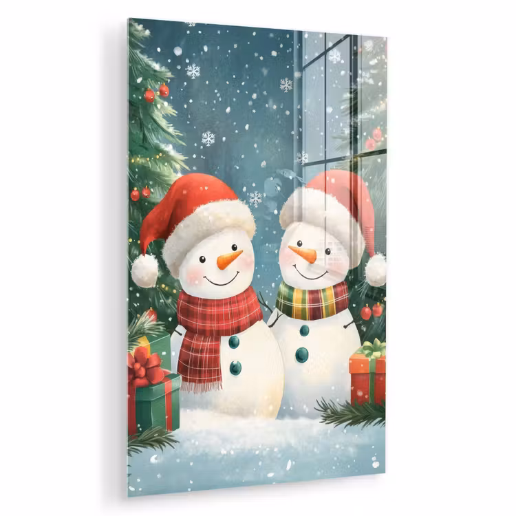 Glas schilderij - Sneeuwpop - Kerstsneeuw - Groen - Rood — 1