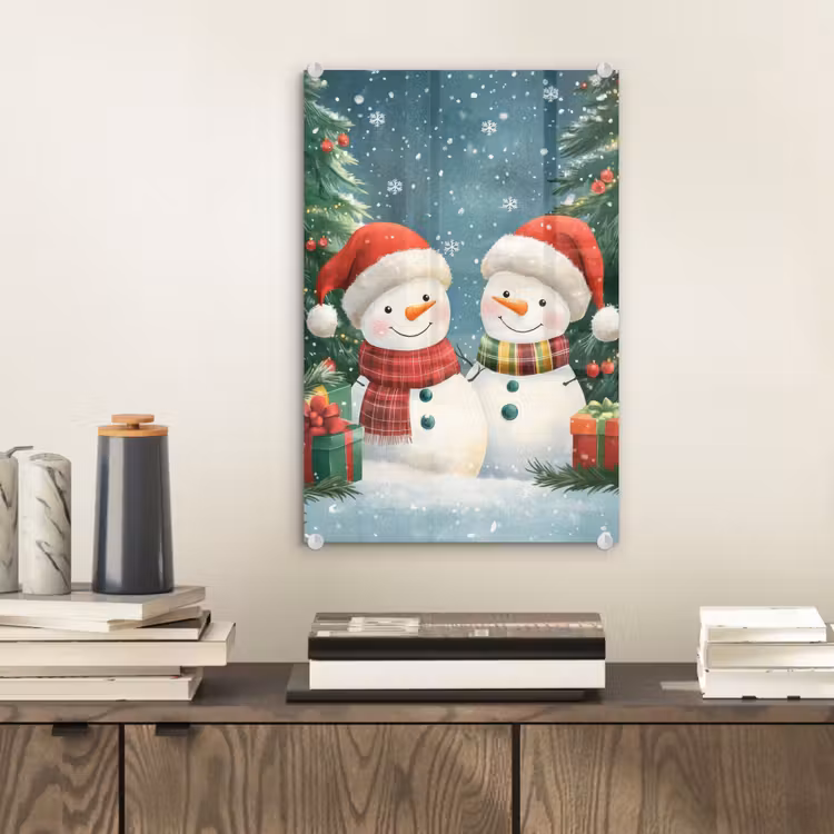 Glas schilderij - Sneeuwpop - Kerstsneeuw - Groen - Rood — 2