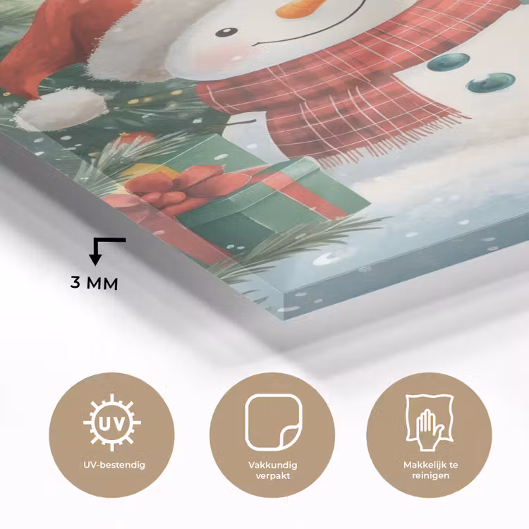 Glas schilderij - Sneeuwpop - Kerstsneeuw - Groen - Rood — 3