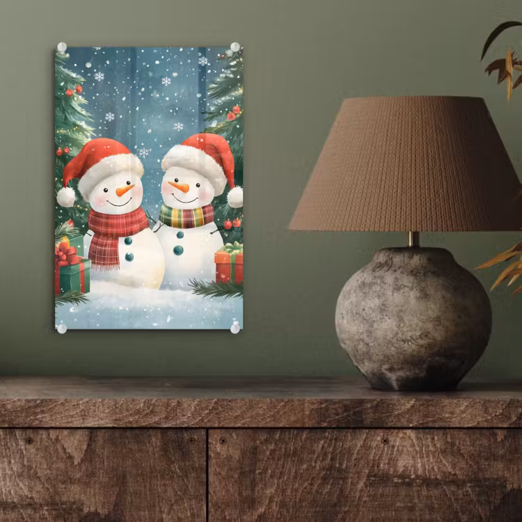 Glas schilderij - Sneeuwpop - Kerstsneeuw - Groen - Rood — 4