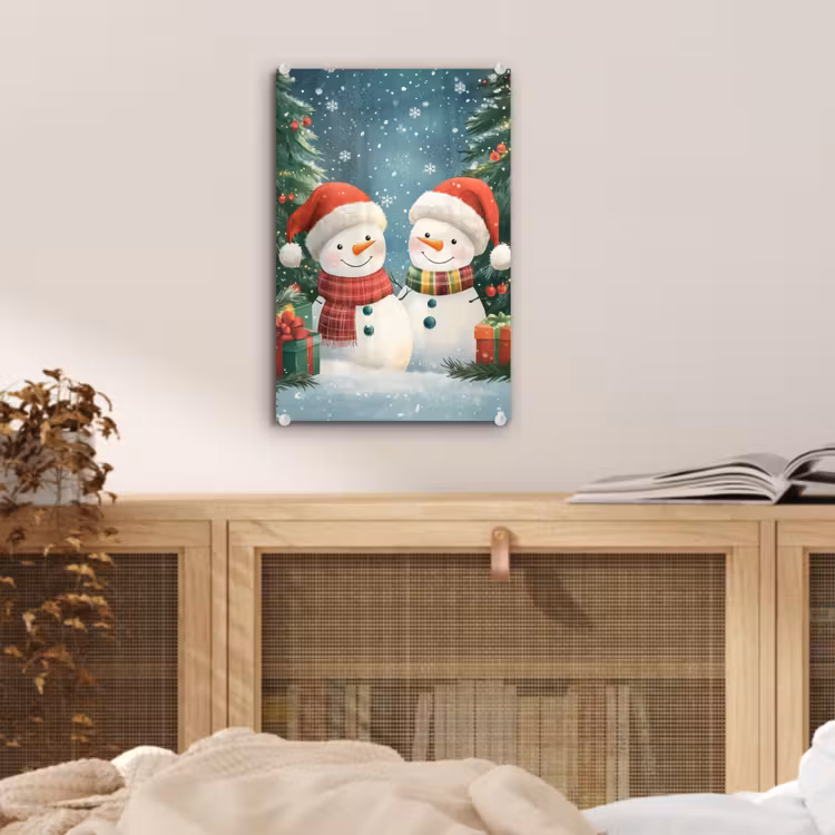 Glas schilderij - Sneeuwpop - Kerstsneeuw - Groen - Rood — 5