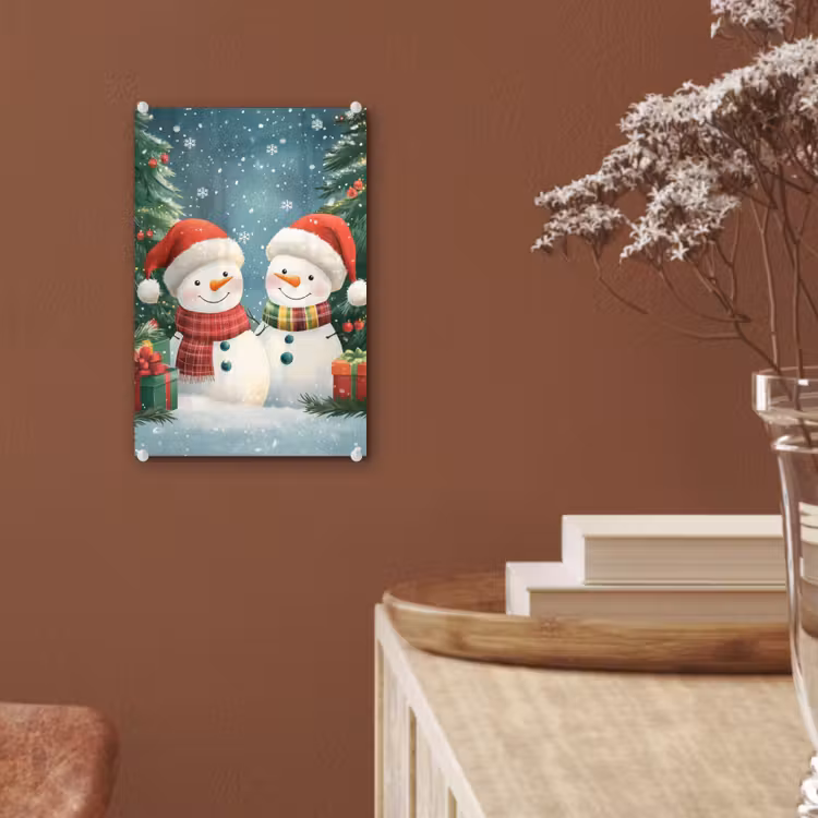 Glas schilderij - Sneeuwpop - Kerstsneeuw - Groen - Rood — 6
