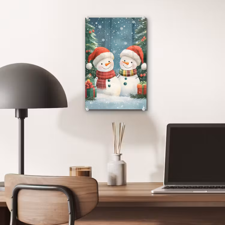 Glas schilderij - Sneeuwpop - Kerstsneeuw - Groen - Rood — 7
