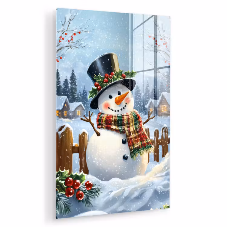 Glas schilderij - Sneeuwpop - Winterdorp - Kleurrijk — 1