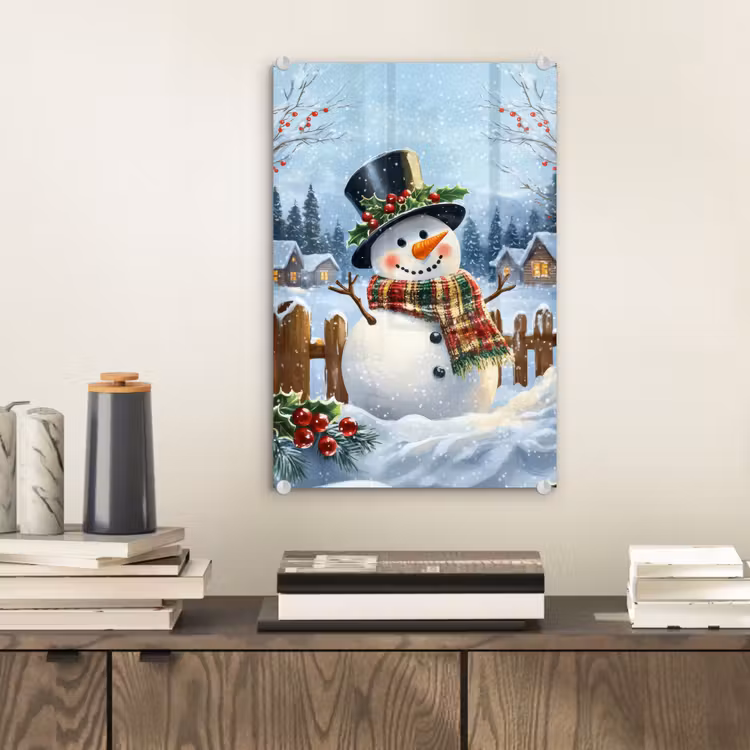Glas schilderij - Sneeuwpop - Winterdorp - Kleurrijk — 2