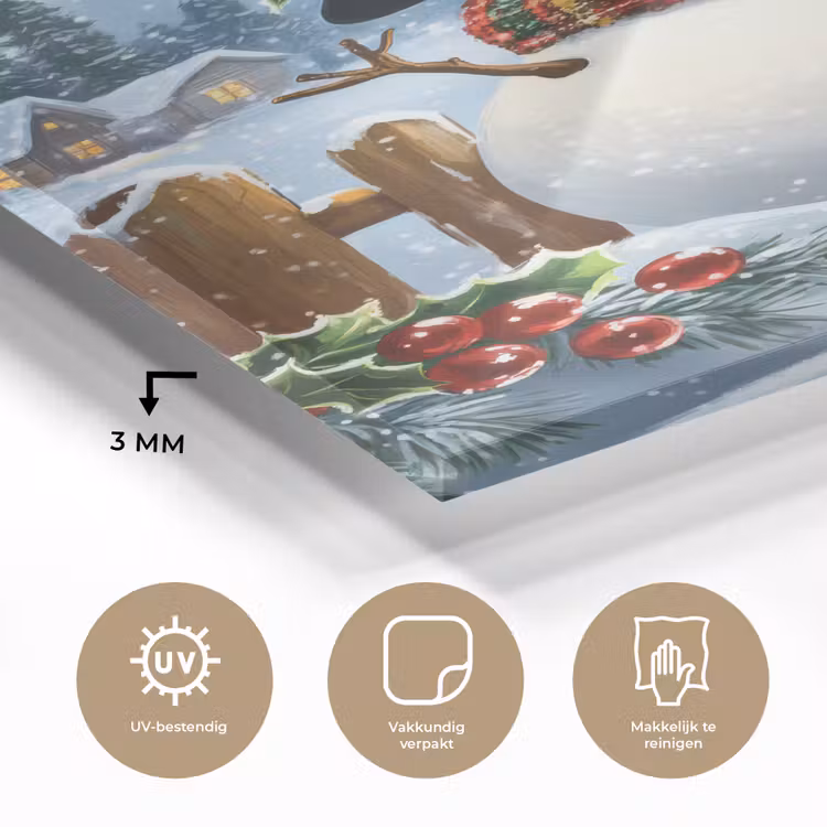 Glas schilderij - Sneeuwpop - Winterdorp - Kleurrijk — 3