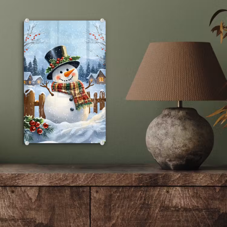 Glas schilderij - Sneeuwpop - Winterdorp - Kleurrijk — 4