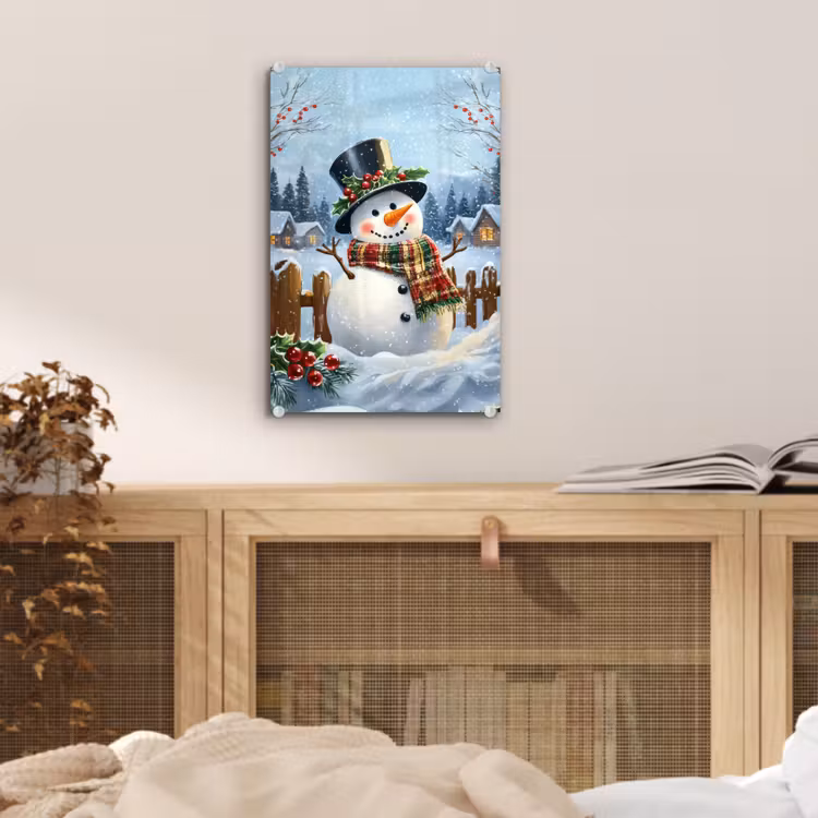Glas schilderij - Sneeuwpop - Winterdorp - Kleurrijk — 5