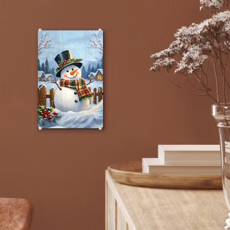 Glas schilderij - Sneeuwpop - Winterdorp - Kleurrijk — 6