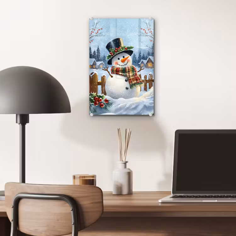 Glas schilderij - Sneeuwpop - Winterdorp - Kleurrijk — 7