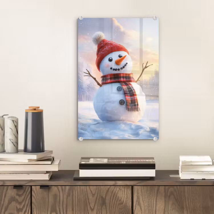 Glas schilderij - Sneeuwpop - Zonsondergang - Wit — 2