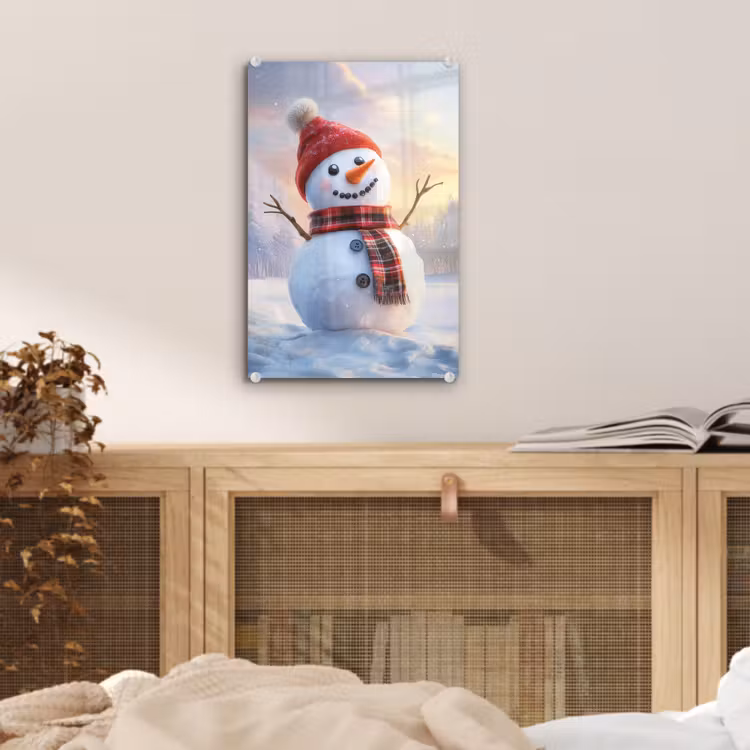 Glas schilderij - Sneeuwpop - Zonsondergang - Wit — 5
