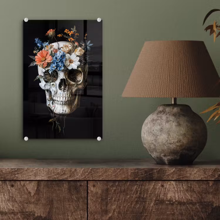 Glas schilderij - Bloemen - Schedel - Kleurrijk — 4