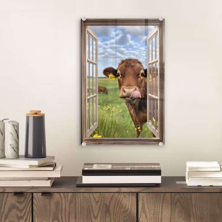 Glas schilderij - Doorkijk - Koe - Weiland - Landschap - Dieren — 2