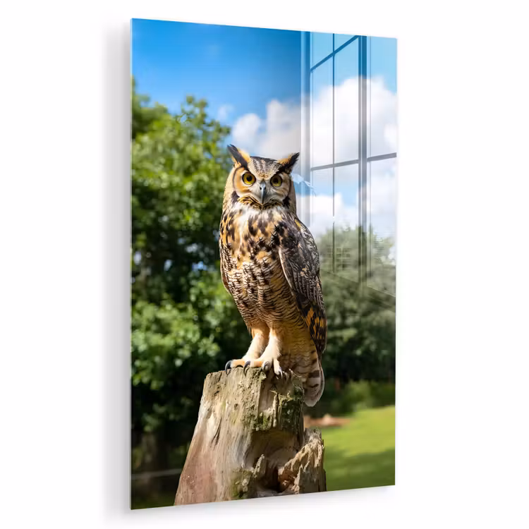 Glas schilderij - Uil - Boomstronk - Bos - Lucht — 1