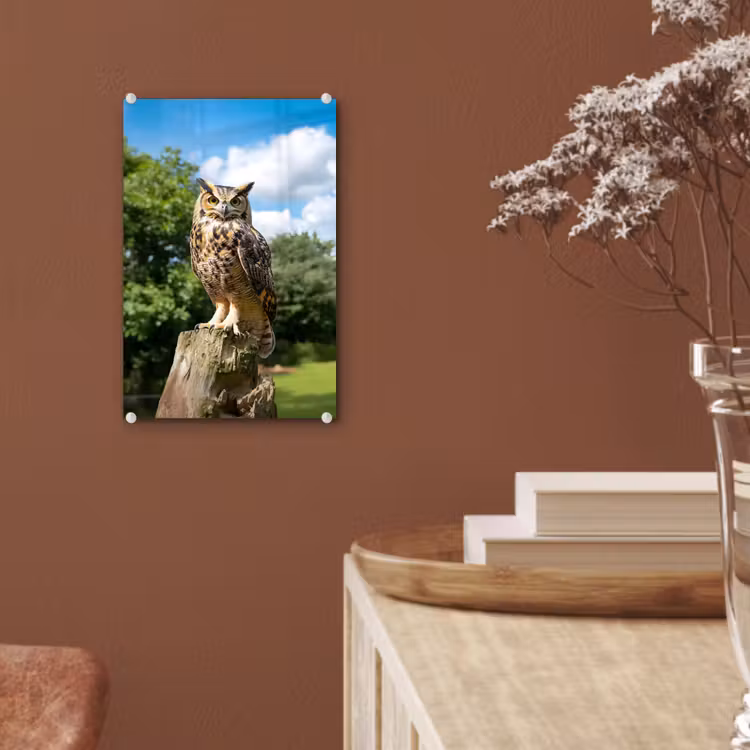 Glas schilderij - Uil - Boomstronk - Bos - Lucht — 6