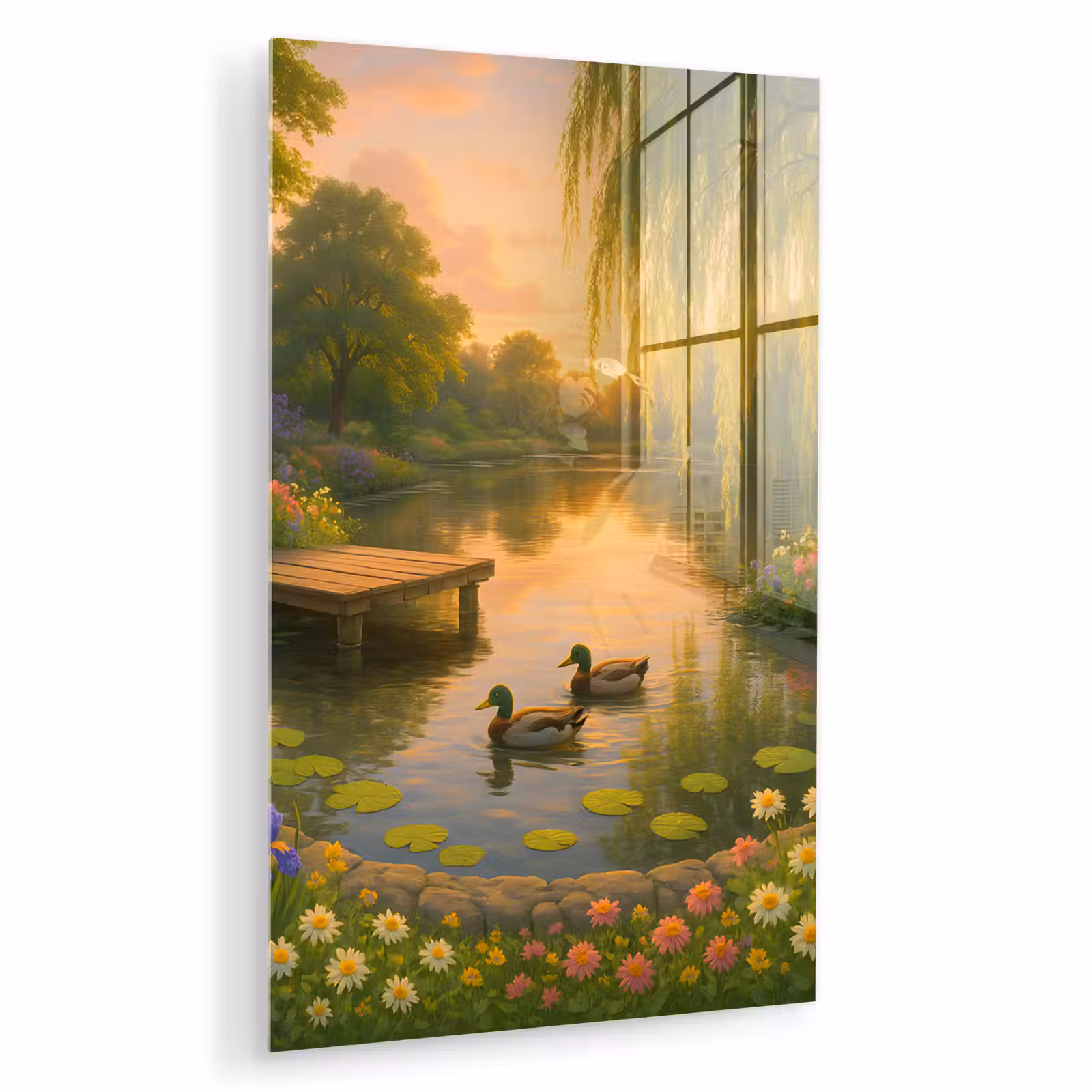 Glas schilderij - Eenden - Vijver - Bloemen — 1
