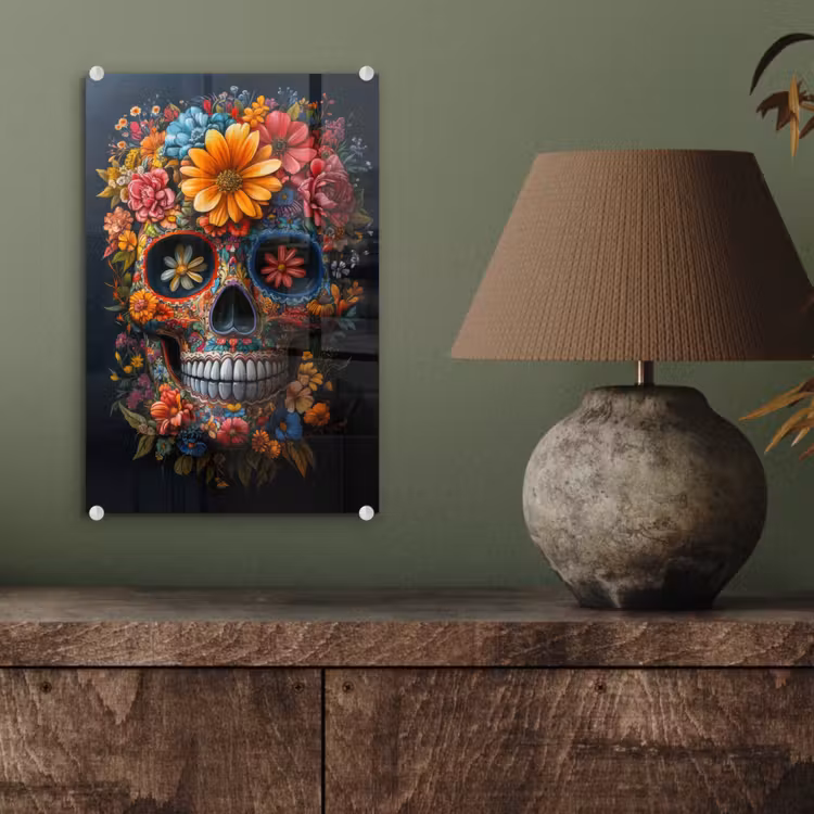 Glas schilderij - Bloemen - Kleurrijk - Schedel — 4