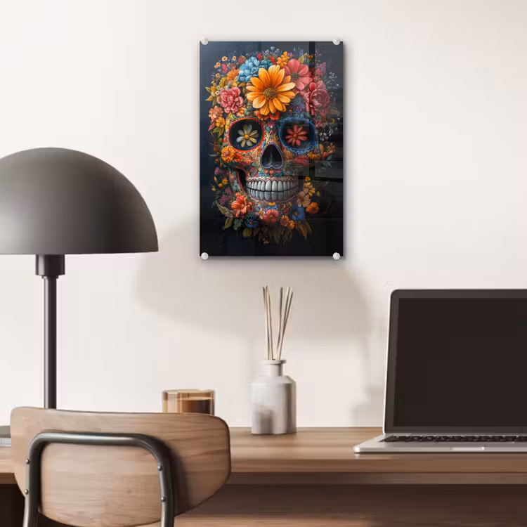 Glas schilderij - Bloemen - Kleurrijk - Schedel — 7