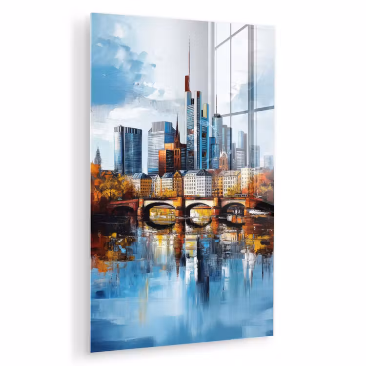 Glas schilderij - Bomen Frankfurt- Stad - Skyline - Brug — 1