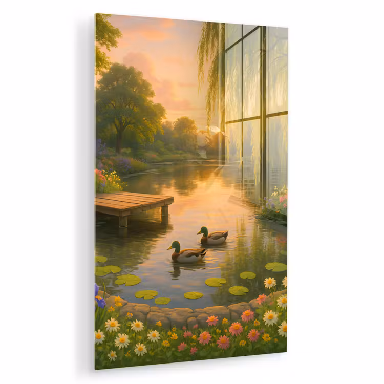 Glas schilderij - Eenden - Vijver - Bloemen — 1