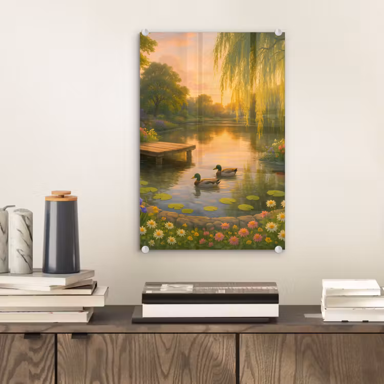 Glas schilderij - Eenden - Vijver - Bloemen — 2