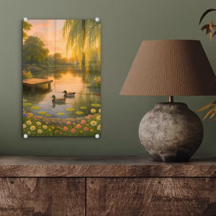 Glas schilderij - Eenden - Vijver - Bloemen — 4