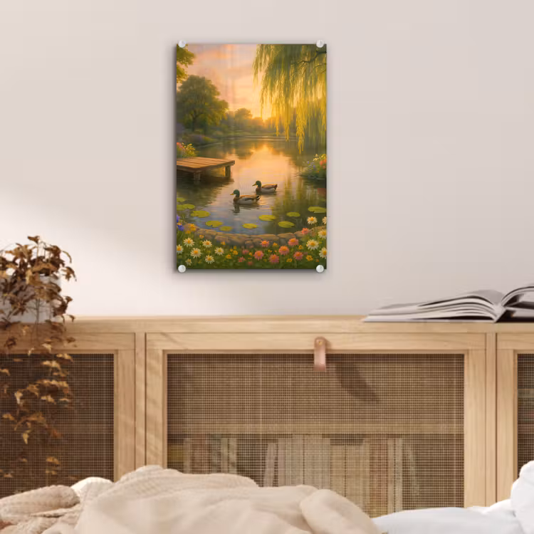 Glas schilderij - Eenden - Vijver - Bloemen — 5