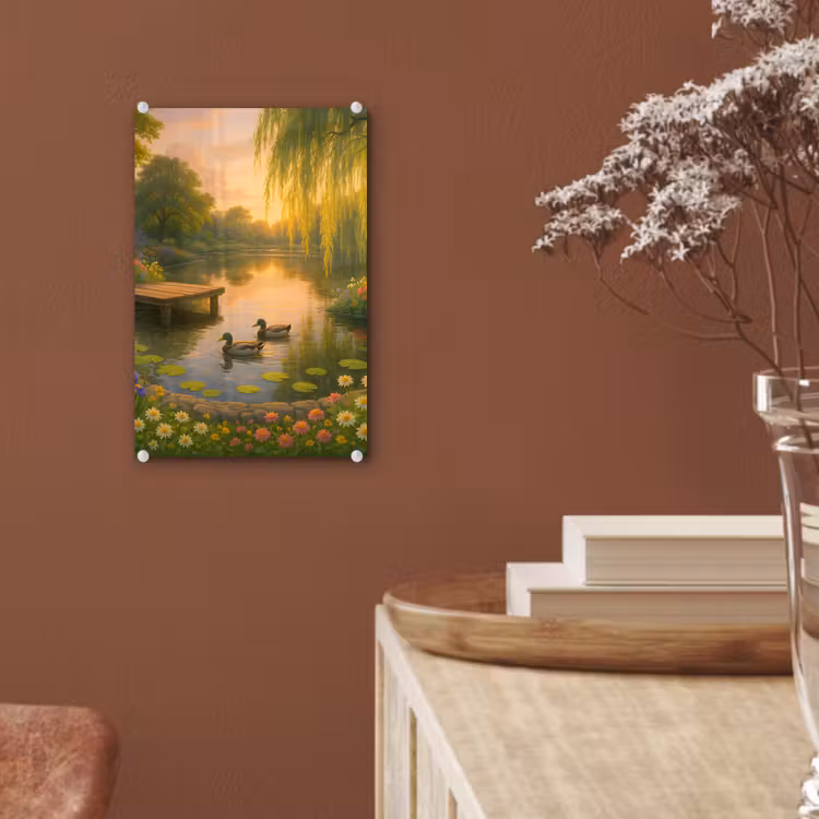 Glas schilderij - Eenden - Vijver - Bloemen — 6