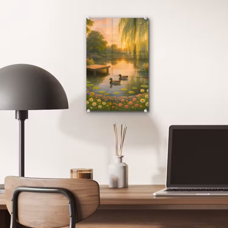 Glas schilderij - Eenden - Vijver - Bloemen — 7