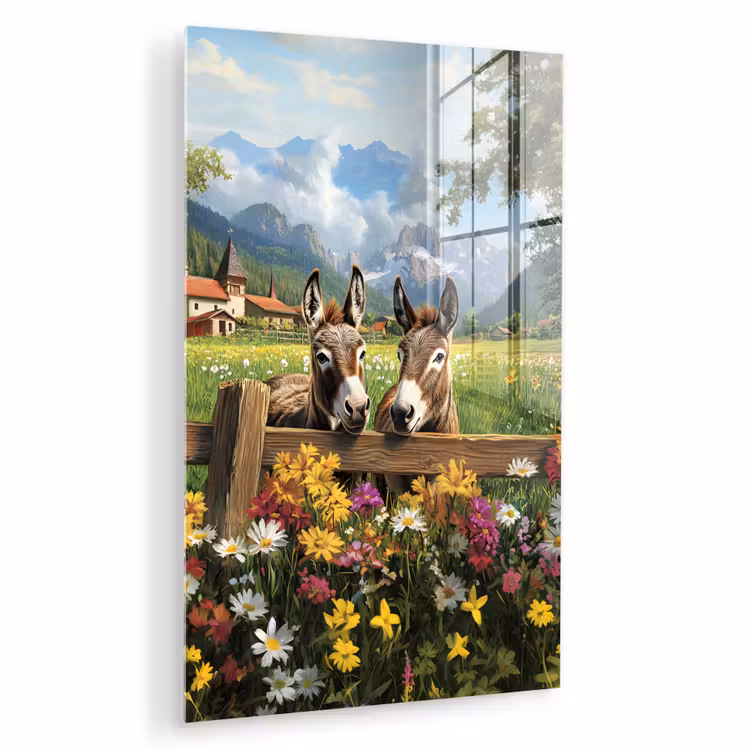 Glas schilderij - Ezels - Bloemen - Zomers — 1