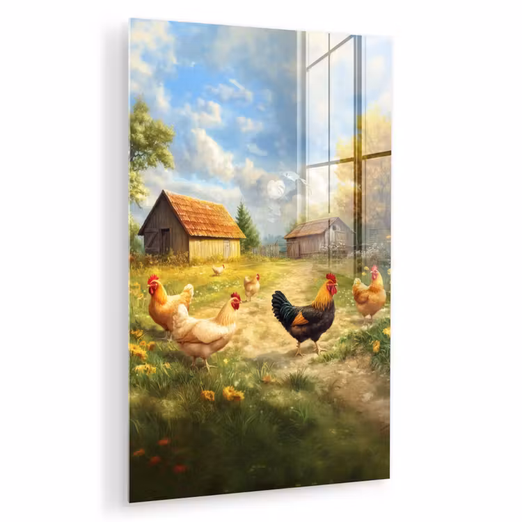 Glas schilderij - Kippen - Landelijke rust - Natuur — 1