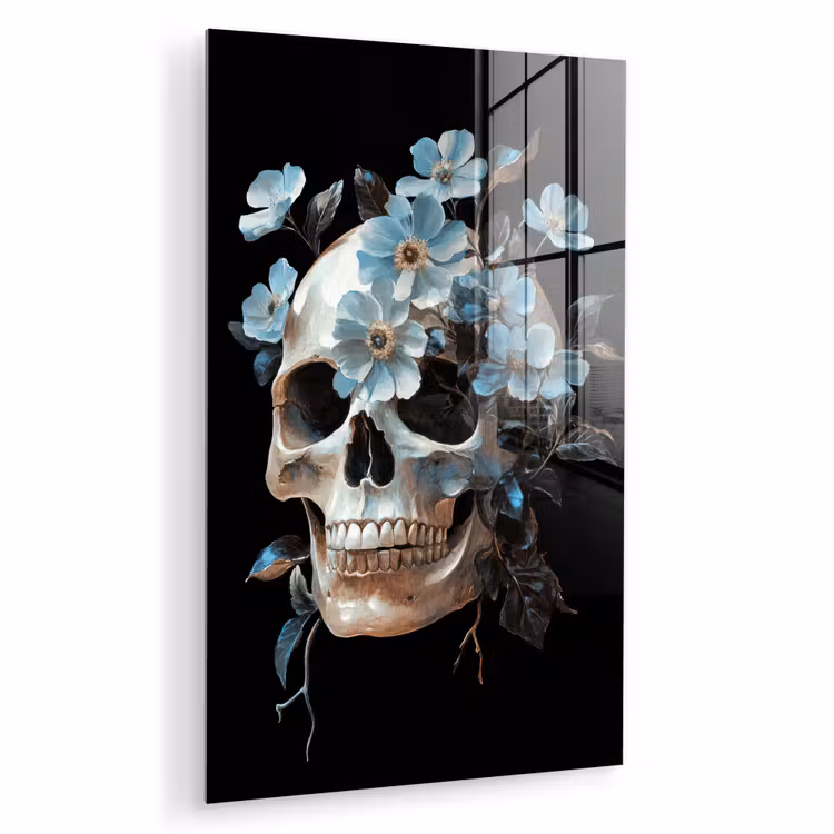 Glas schilderij - Schedel - Blauw - Bloemen - Bladeren — 1